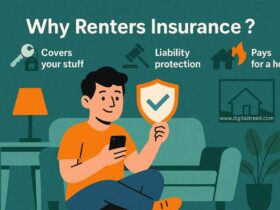 Illustration explaining the benefits of renters insurance. Key points include coverage for personal belongings, liability protection, and hotel expenses if displaced. Features a man sitting on a couch holding a phone and a shield with a check mark, surrounded by icons representing insurance benefits.