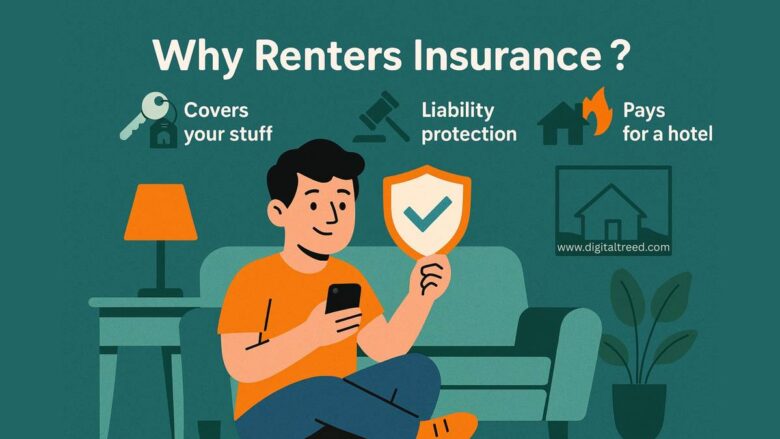 Illustration explaining the benefits of renters insurance. Key points include coverage for personal belongings, liability protection, and hotel expenses if displaced. Features a man sitting on a couch holding a phone and a shield with a check mark, surrounded by icons representing insurance benefits.