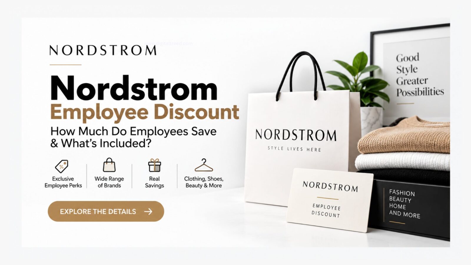 Nordstrom employee discount guide featuring a shopping bag, employee discount card, apparel, and retail benefits.