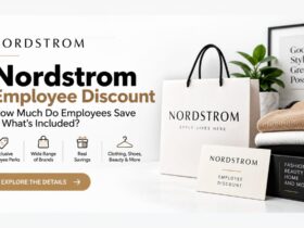 Nordstrom employee discount guide featuring a shopping bag, employee discount card, apparel, and retail benefits.