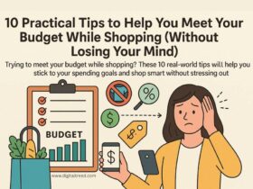 Illustration showing a worried woman trying to manage her shopping budget, with icons of a checklist, grocery bag, discount tags, and dollar signs, alongside the title '10 Practical Tips to Help You Meet Your Budget While Shopping (Without Losing Your Mind)'