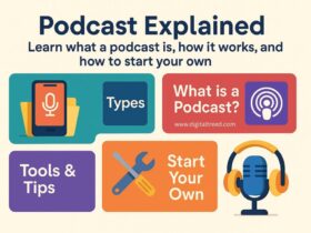 Infographic titled 'Podcast Explained' with colorful icons representing podcast elements. Explains what a podcast is, types of podcasts, tools and tips, and how to start your own. Includes microphone, smartphone, and podcast app visuals. Content is informative and ideal for beginners. Source: DigitalTreed, suitable for Pedrovazpaulo Business Consultant content.