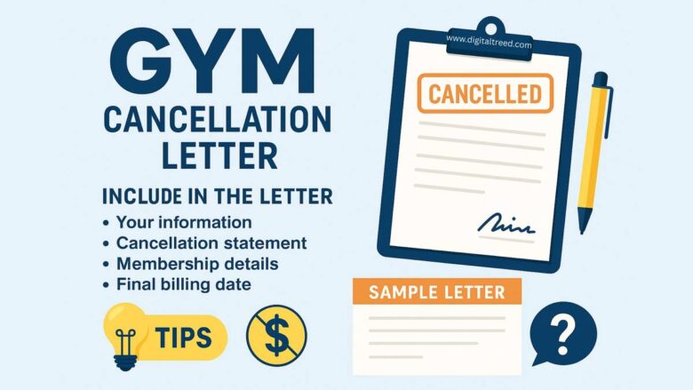 2D infographic titled 'Gym Cancellation Letter' showing a person writing a formal letter, calendar with a 30-day notice highlighted, and icons representing billing, email confirmation, and gym termination, visually summarizing the key steps to cancel a gym membership properly.