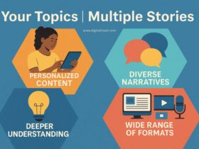 Infographic titled “Your Topics | Multiple Stories” showing diverse people sharing stories through blogs, videos, and podcasts, symbolizing personalized, inclusive content experiences with interconnected icons like speech bubbles, books, and digital media.