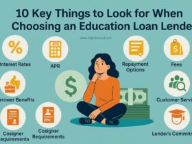 A flat-design infographic titled "10 Key Things to Look for When Choosing an Education Loan Lender," featuring colorful icons representing interest rates, APR, repayment plans, fees, customer support, borrower benefits, cosigner options, loan limits, lender reputation, and educational resources, arranged in a clean layout with minimal text and a modern style.