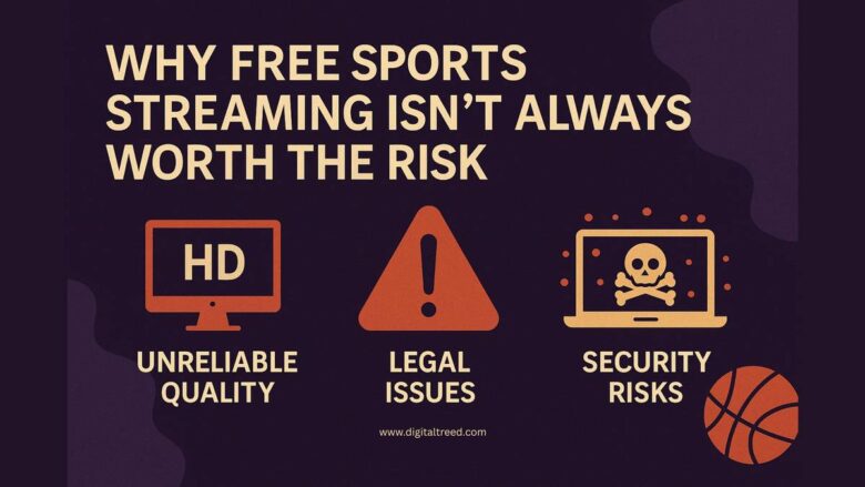 Infographic-style feature image showing a digital screen with sports icons, a warning symbol, and the title "Crackstreams 2.0 Why Free Sports Streaming Isn’t Always Worth the Risk" in bold, educational design.