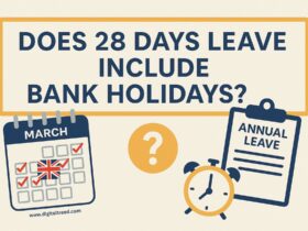 A flat design infographic illustrating UK annual leave policy, featuring a calendar, briefcase, and holiday icons to represent 28-day leave and bank holidays.
