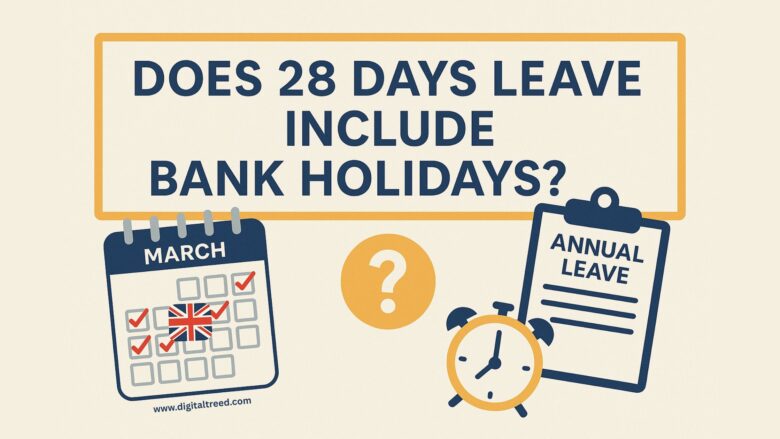 A flat design infographic illustrating UK annual leave policy, featuring a calendar, briefcase, and holiday icons to represent 28-day leave and bank holidays.