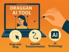 Creative illustration of DragGAN AI Tool with a laptop showing a photo being edited using drag-and-drop controls, highlighting AI, transformation, and ease of use.