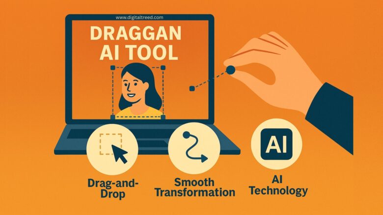 Creative illustration of DragGAN AI Tool with a laptop showing a photo being edited using drag-and-drop controls, highlighting AI, transformation, and ease of use.