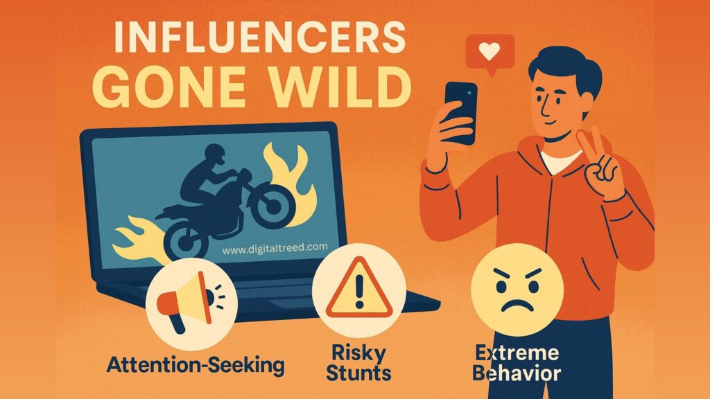 Cartoon-style illustration showing social media influencer taking a selfie, with a laptop displaying a flaming stunt bike and icons for attention-seeking, risky stunts, and extreme behavior.