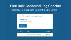 A digital infographic-style feature image showcasing the "Free Bulk Canonical Tag Checker Tool" with minimal text, symbolizing SEO optimization, duplicate content detection, and clean web structure on a modern web interface background.