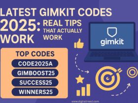 Infographic showing latest Gimkit codes and join codes for 2025 with a laptop displaying the Gimkit logo, a list of top codes, and gamified icons.