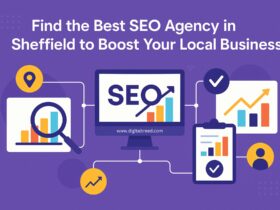 Flat-style digital infographic showing SEO strategy for local Sheffield businesses. Features graphs, charts, location pin, and magnifying glass on a purple background.
