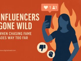 Flat-style digital illustration depicting the rise of social media influencers and the dangers of extreme behavior for fame, with icons and minimal text. Influencers GoneWild