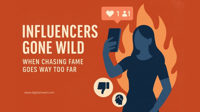Flat-style digital illustration depicting the rise of social media influencers and the dangers of extreme behavior for fame, with icons and minimal text. Influencers GoneWild
