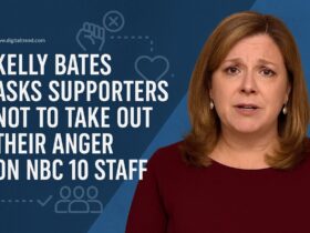 A digital news graphic featuring Kelly Bates, a Caucasian woman with wavy light brown hair wearing a burgundy blouse, standing against a textured blue background. The image includes minimal text and infographic-style icons, emphasizing her message urging supporters not to take out their anger on NBC 10 staff.