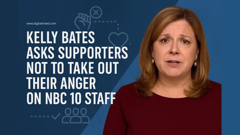 A digital news graphic featuring Kelly Bates, a Caucasian woman with wavy light brown hair wearing a burgundy blouse, standing against a textured blue background. The image includes minimal text and infographic-style icons, emphasizing her message urging supporters not to take out their anger on NBC 10 staff.