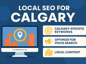 A flat-style infographic illustration showcasing local SEO strategies for Calgary businesses, including icons for voice search, Google Maps, local keywords, and user reviews.