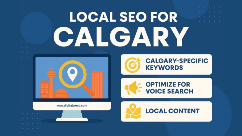 A flat-style infographic illustration showcasing local SEO strategies for Calgary businesses, including icons for voice search, Google Maps, local keywords, and user reviews.
