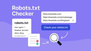Feature image showing a Robots.txt Checker tool interface with a purple gradient background. Includes a sample robots.txt file, a list of URLs with crawl status indicators (green check and red cross), a magnifying glass icon for inspection, and a blue "Check your robots.txt" button — visually representing SEO crawl testing and URL accessibility.