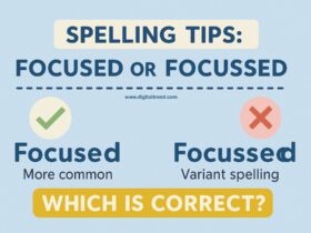 An infographic illustrating the spelling difference between "focused" and "focussed" with minimal text, showing a magnifying glass over the word "focus" on a clean, educational