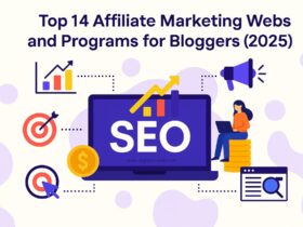 A 2D digital illustration infographic featuring the top affiliate marketing websites and programs for bloggers in 2025, with logos, icons, and minimal text.