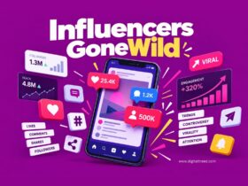 Influencer culture illustration showing social media engagement, notifications and viral attention.