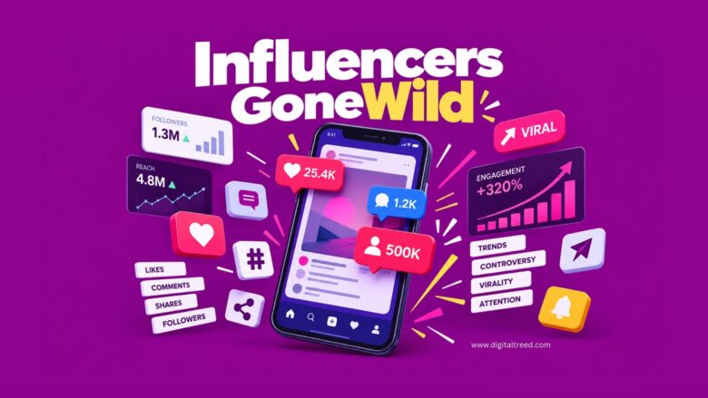Influencer culture illustration showing social media engagement, notifications and viral attention.