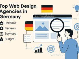 A flat-style digital illustration showing a creative agency workspace with laptops, charts, web design wireframes, and UI/UX elements. The image includes infographic-style visuals like progress bars, location pins, and service icons representing top web design agencies in Germany.