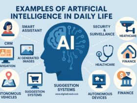 A colorful digital infographic titled “AI in Everyday Life” illustrating various applications of artificial intelligence, such as smart assistants, healthcare, education, transportation, and smart home devices, with minimal text and vibrant icons on a clean background.