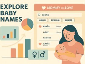A flat-style digital illustration promoting the exploration of baby names on Mommyandlove.com, featuring a cheerful family scene with playful icons, pastel colors, and search elements symbolizing name discovery.