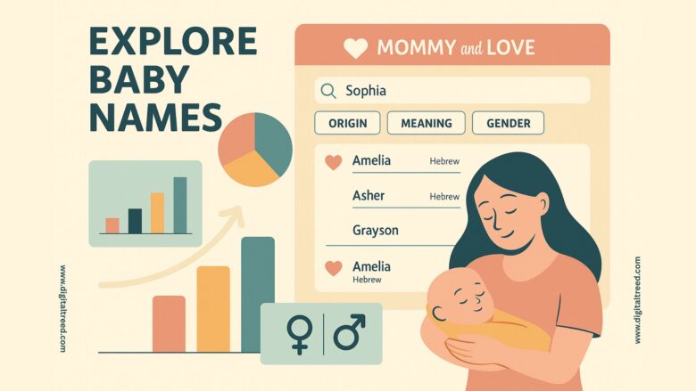 A flat-style digital illustration promoting the exploration of baby names on Mommyandlove.com, featuring a cheerful family scene with playful icons, pastel colors, and search elements symbolizing name discovery.
