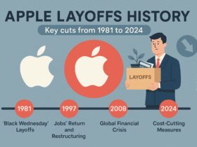 A digital timeline infographic illustrating major Apple layoffs from 1981 to 2024, highlighting events like Black Wednesday, Steve Jobs’ 1997 restructuring, and recent post-pandemic job cuts, with minimal text and flat-style visuals.