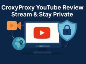 A digital illustration showing a user watching YouTube through a proxy on a laptop, with privacy shield icons, a hidden IP symbol, and infographic-style visuals indicating secure browsing, streaming access, and multi-device support.