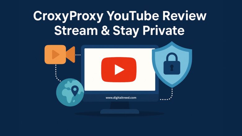 A digital illustration showing a user watching YouTube through a proxy on a laptop, with privacy shield icons, a hidden IP symbol, and infographic-style visuals indicating secure browsing, streaming access, and multi-device support.