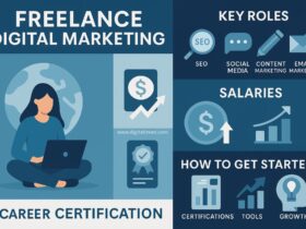 A flat-design digital infographic titled “Freelance Digital Marketing” featuring icons for SEO, social media, email marketing, content creation, and analytics, with minimal text.