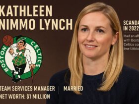 A flat-style digital infographic features Kathleen Nimmo Lynch with visual elements representing her role with the Boston Celtics, media controversy, and personal life.
