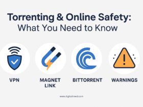 A flat-design digital infographic titled "Torrenting for Educational Use" showing a computer screen with magnet links, a VPN shield icon, a peer-to-peer network diagram, and a warning label about safe torrenting practices. The image includes minimal text and highlights educational usage, security tips, and legal awareness in a visually engaging layout.