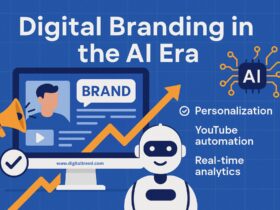 A 2D digital illustration showing the concept of digital branding in the AI era, featuring interconnected icons representing AI tools, video content, analytics, personalization, and branding across devices, with minimal text and a clean infographic design.