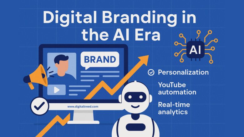 A 2D digital illustration showing the concept of digital branding in the AI era, featuring interconnected icons representing AI tools, video content, analytics, personalization, and branding across devices, with minimal text and a clean infographic design.