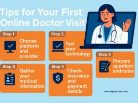 A flat-style digital illustration infographic titled "Preparing for Your First Online Doctor Visit." It features minimal text and visuals of a person using a laptop for a virtual consultation, checklist icons, medication bottles, and a Wi-Fi symbol—conveying key steps like testing tech, preparing questions, and gathering medical info. The design uses soft healthcare-themed colors like blue and green with clean, modern elements.