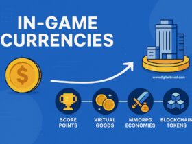 A digital infographic with clean lines and flat design illustrating the evolution of in-game currencies, featuring icons for coins, tokens, game controllers, and blockchain elements to represent traditional to Web3 gaming economies.