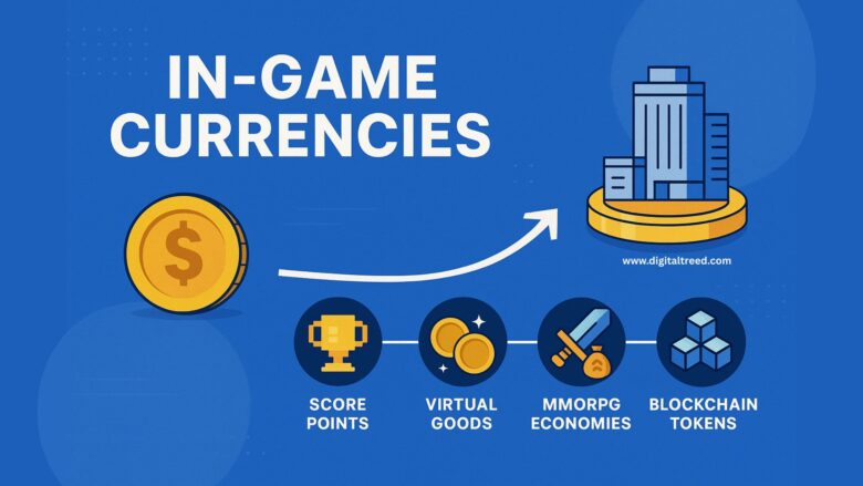 A digital infographic with clean lines and flat design illustrating the evolution of in-game currencies, featuring icons for coins, tokens, game controllers, and blockchain elements to represent traditional to Web3 gaming economies.