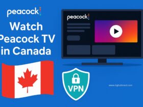 A digital infographic showing how to watch Peacock TV in Canada using a VPN, with icons of a laptop, US flag, lock symbol, and streaming interface visuals.
