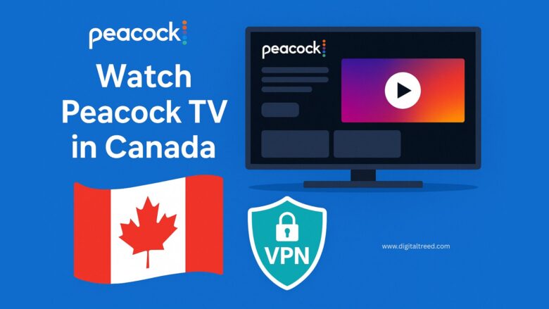 A digital infographic showing how to watch Peacock TV in Canada using a VPN, with icons of a laptop, US flag, lock symbol, and streaming interface visuals.