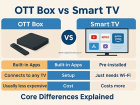 A comparison infographic titled "OTT Box vs Smart TV" shows two distinct sections—one highlighting the features of OTT streaming boxes like Roku and Firestick, and the other showcasing Smart TVs. Icons represent apps, remote controls, user experience, and cost, with visual cues emphasizing pros and cons for each option. The design is clean, digital, and educational in style, optimized for a 1532 x 1024 resolution.