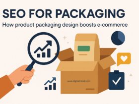 A flat vector illustration showing SEO elements connected to product packaging design—keywords on a box, search engine icons, packaging layout with marketing labels, and an e-commerce website interface—highlighting how packaging impacts online visibility and sales.