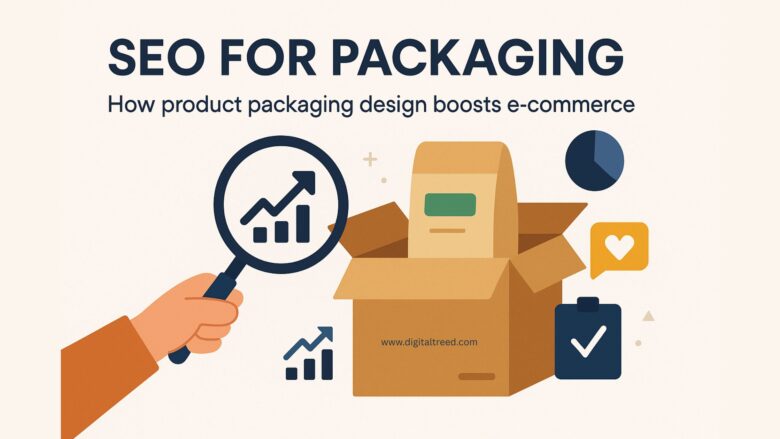 A flat vector illustration showing SEO elements connected to product packaging design—keywords on a box, search engine icons, packaging layout with marketing labels, and an e-commerce website interface—highlighting how packaging impacts online visibility and sales.