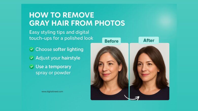 A clean, modern digital illustration showing a side-by-side comparison of hair with visible gray strands and the same hair after digital retouching, with small infographic icons representing lighting tips, hairstyling adjustments, and app-based editing tools, all on a light, minimal background